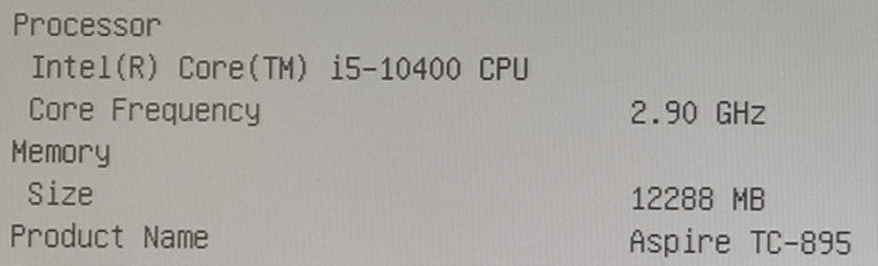 Acer Aspire TC-895 - Core i5-10400 @ 2.90GHz, 12GB DDR4, NO HDD