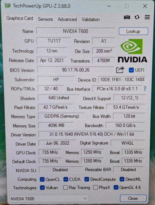 HP NVIDIA T600 4GB GDDR6 Graphics Card | 4x MiniDP Low Profile