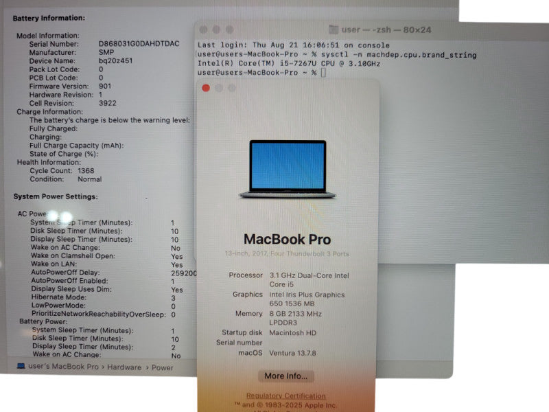 Apple MacBook Pro 13" A1706 2017 |i5-7267U @3.1GHz 8GB DDR3 256GB SSD READ !