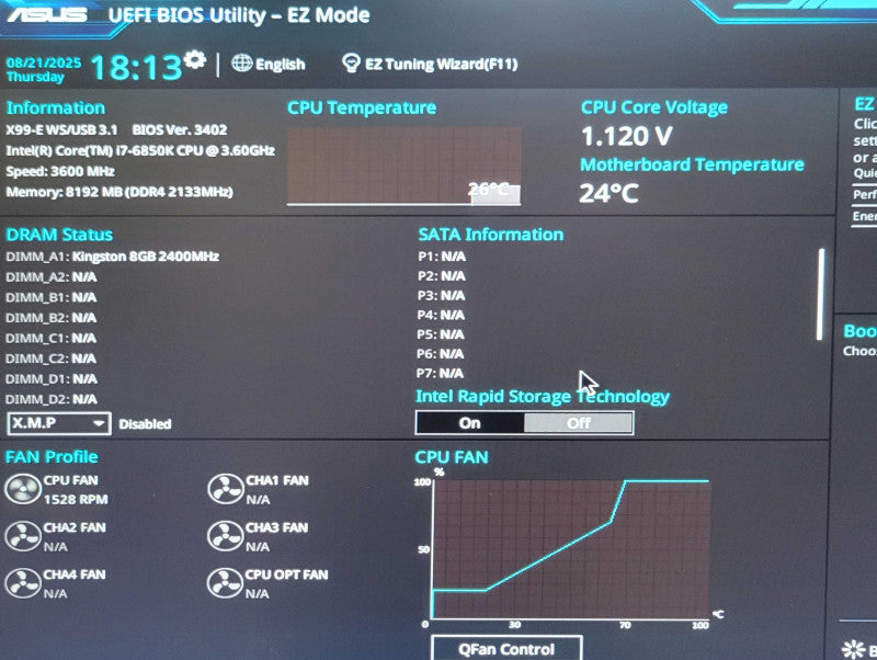 Asus X99-E WS/USB 3.1 board, Core I7-6850K 3.60GHz CPU, 8GB DDR4, I/O Cover _