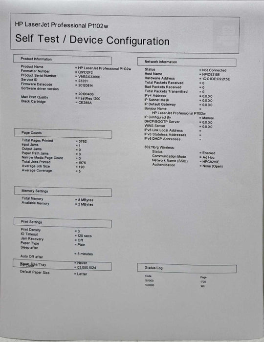 HP LaserJet P1102W Laser Printer With USB & Power Cable