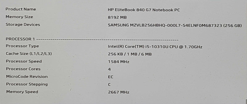 HP EliteBook 840 G7 - Intel Core i5-10310U, 8GB DDR4, 256GB NVMe  Lap200