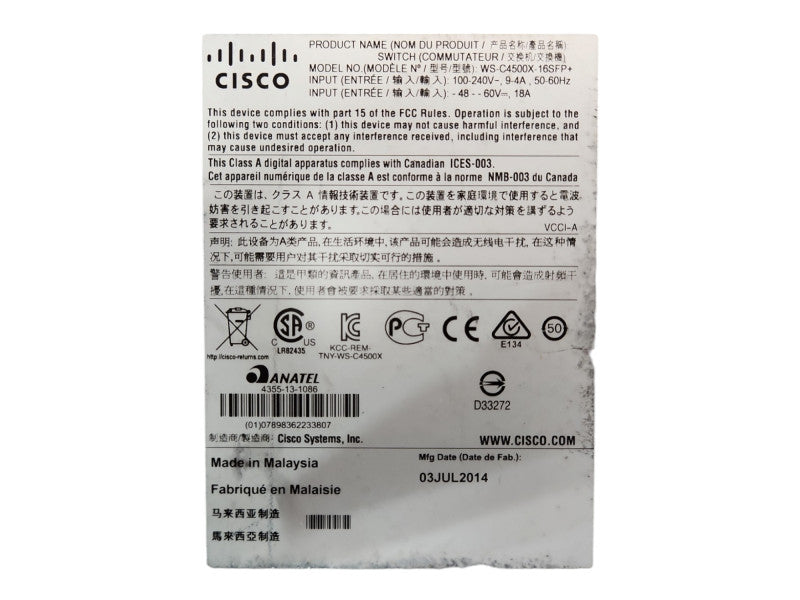 Cisco WS-C4500X-16SFP+ 16 Port 10GE IP Base Gigabit Switch w/ 2x PSU