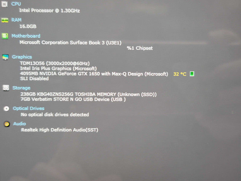 Microsoft Surface Book 3 i7 1065G7 16GB RAM GTX 1650 256GB SSD parts/repair β Lap200