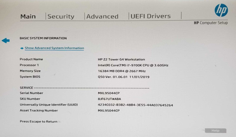 HP Z2 Tower G4 WorkStation, Intel i7-9700K CPU 3.60GHz, 16GB RAM - NO HDD