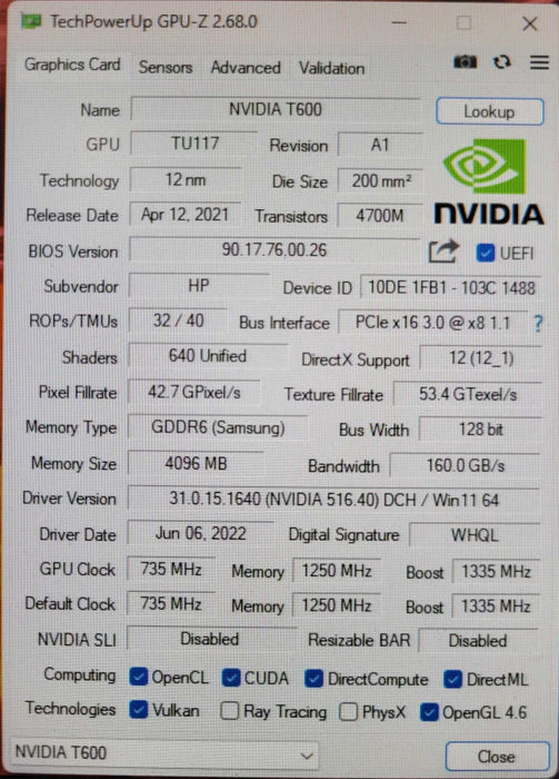 NVIDIA T600 4GB GDDR6 4x Mini DP Graphics Card, Low Profile bracket _