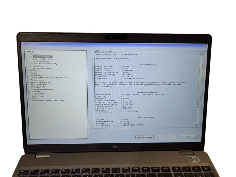 Dell Latitude 5511 - Core 17-10850H 16GB DDR4 512GB NVMe % Lap200