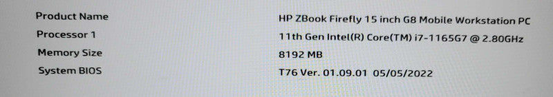 HP ZBook FireFly 15 G8 i7-1165G7 8GB DDR4 NO SSD FOR PARTS/REPAIR  Qβ Lap200