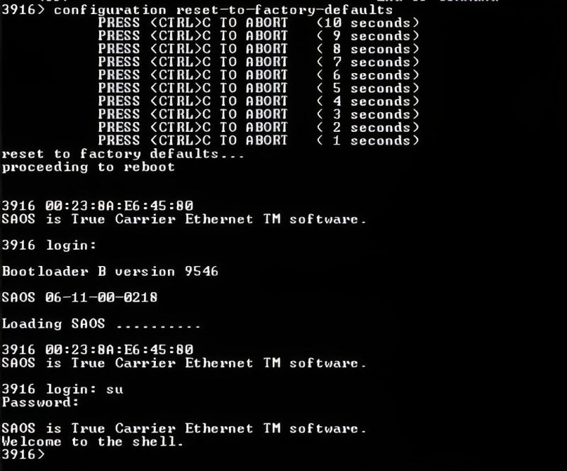 Ciena 3916 Series Service Delivery Switch 170-3916-904, Factory Reset