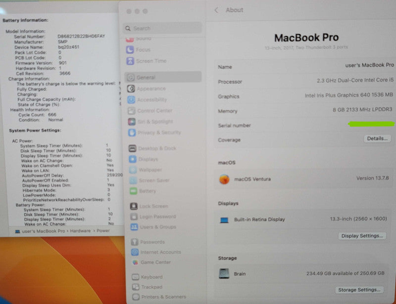 MacBook Pro 13" 2017 A1708 i5-7360U 8GB RAM 250GB SSD  β