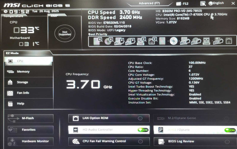 Custom/MSI PC, Core I7-8700K 3.70GHz, 8GB DDR4, 240GB M.2 SSD, 750W PSU _