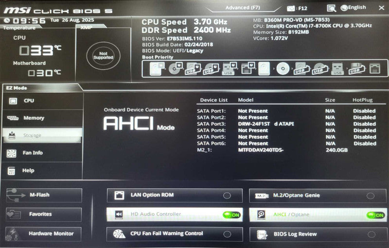 Custom/MSI PC, Core I7-8700K 3.70GHz, 8GB DDR4, 240GB M.2 SSD, 750W PSU _