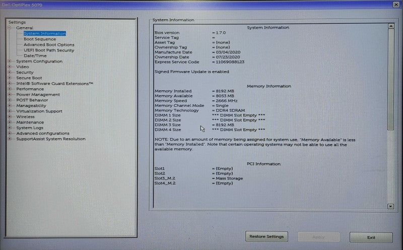 Dell Optiplex 5070 SFF, i5-9500 3.00GHz, 8GB DDR4, 256GB NVMe