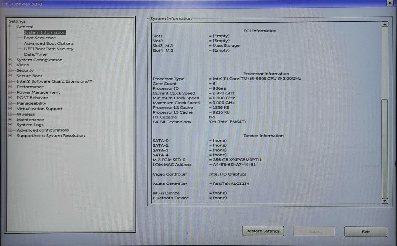 Dell Optiplex 5070 SFF, i5-9500 3.00GHz, 8GB DDR4, 256GB NVMe