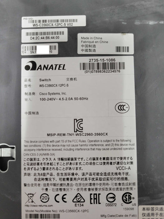 Cisco WS-C3560CX-12PC-S 12-Port GE PoE+ SFP Compact managed Switch _