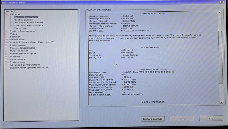 Dell OptiPlex 3070 SFF | Intel Core i5-9500 @3.00GHz, 8GB DDR4, 256GB NVMe