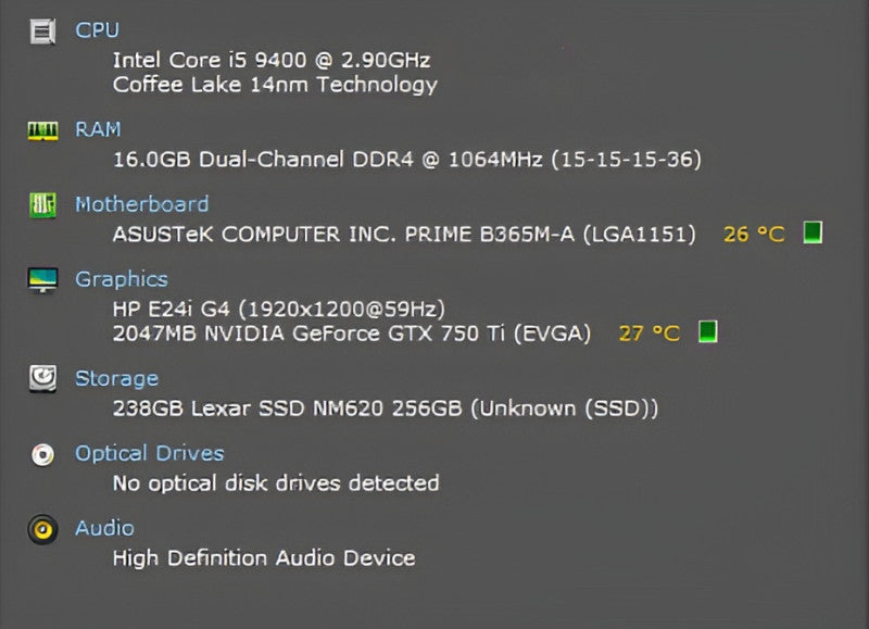 Custom PC, ASUS PRIME B365M-A, i5-9400, 16GB DDR4, 256GB NVMe, GTX 750Ti