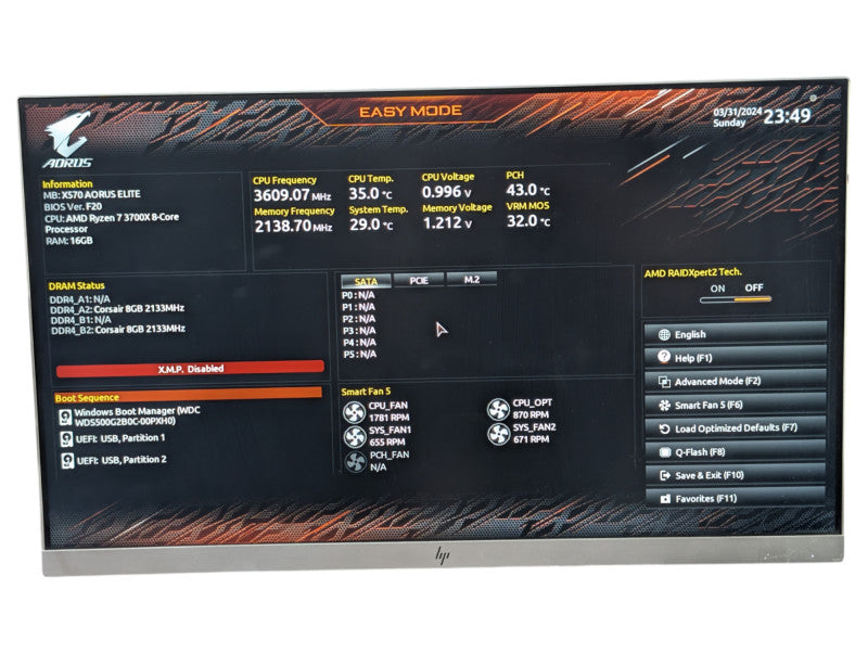 Custom PC X570 Aorus Elite AMD Ryzen 7 3700X 16GB RAM 500GB NVMe SSD  Q-