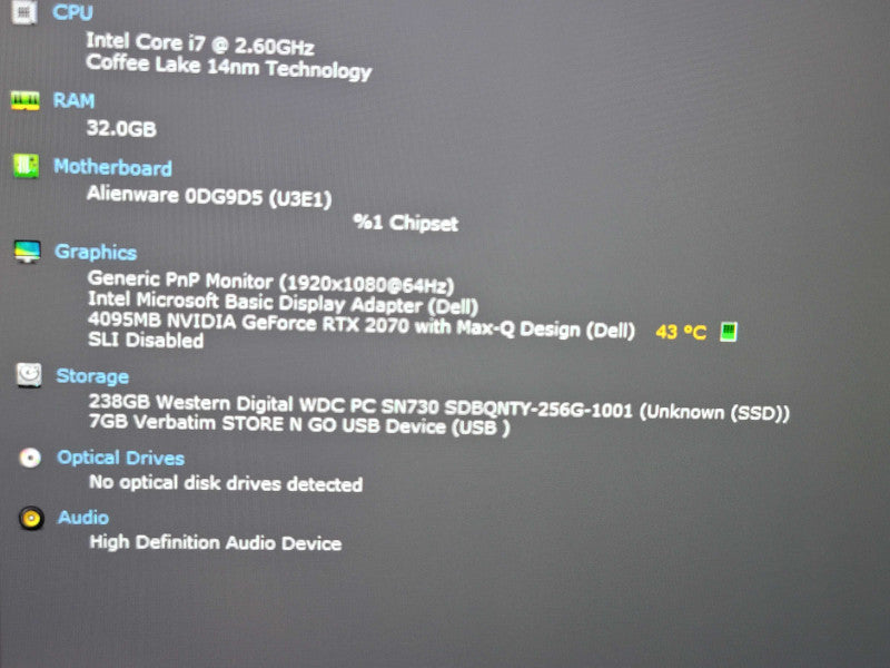 Alienware m15 i7-9750H 32GB DDR4 RTX 2070 w/ Max Q 256GB NVMe  β Lap200