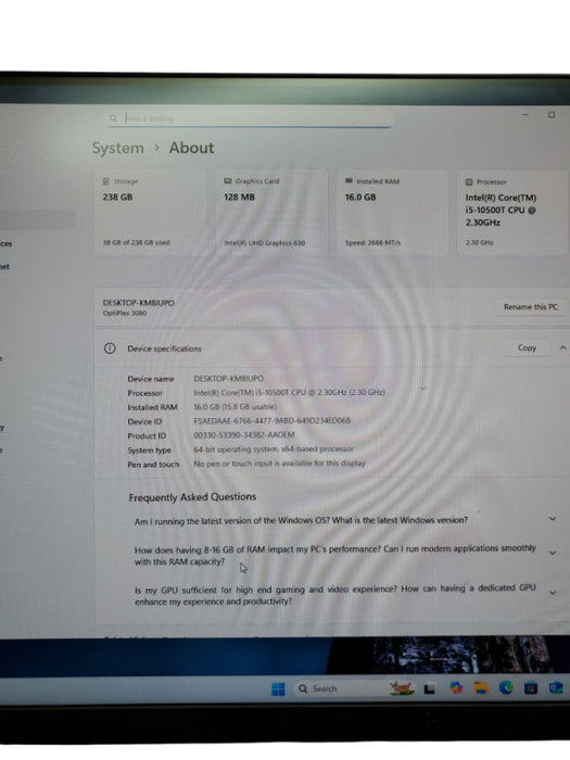 Dell OptiPlex 3080 Micro Core i5-10500T@2.30 GHz 16GB 256GB M.2 NVMe