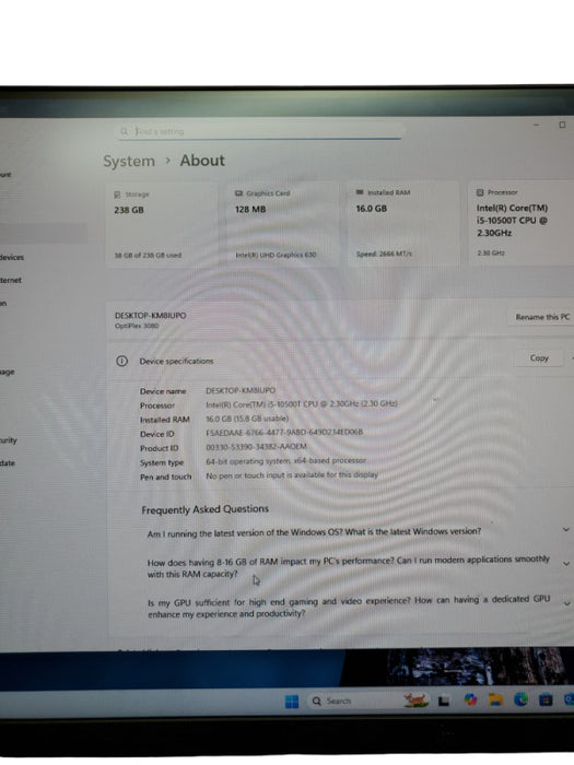 Dell OptiPlex 3080 Micro Core i5-10500T@2.30 GHz 16GB 256GB M.2 NVMe