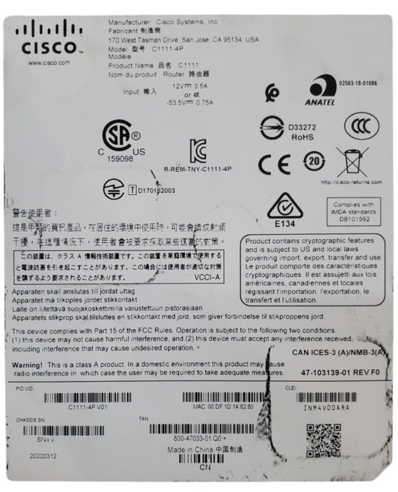 Cisco ISR 1100 Series C1111-4P V01 Services Integrated Router