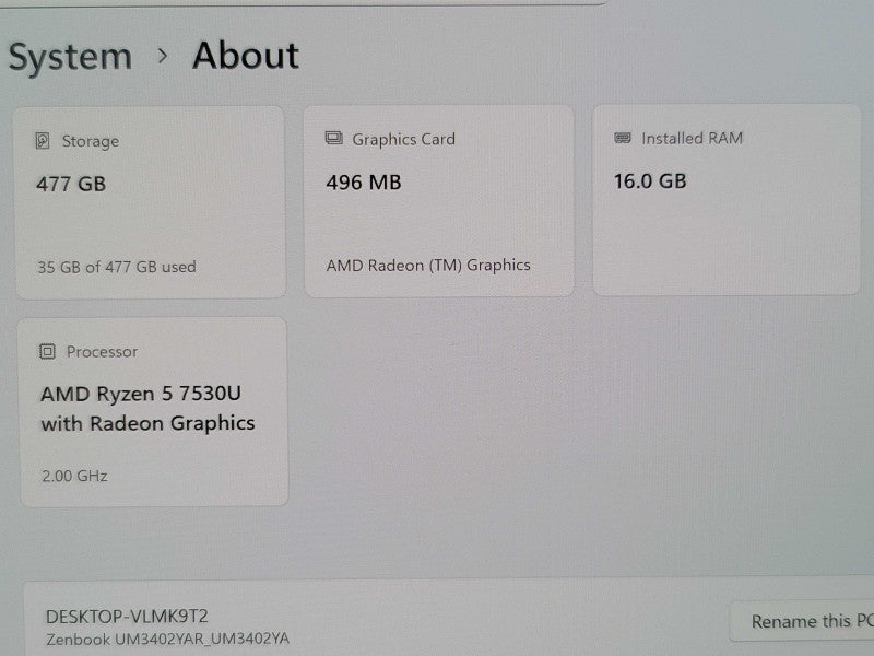 ASUS ZenBook 14 Ryzen 5 7530U 16GB RAM 512GB NVMe OLED  β Lap200