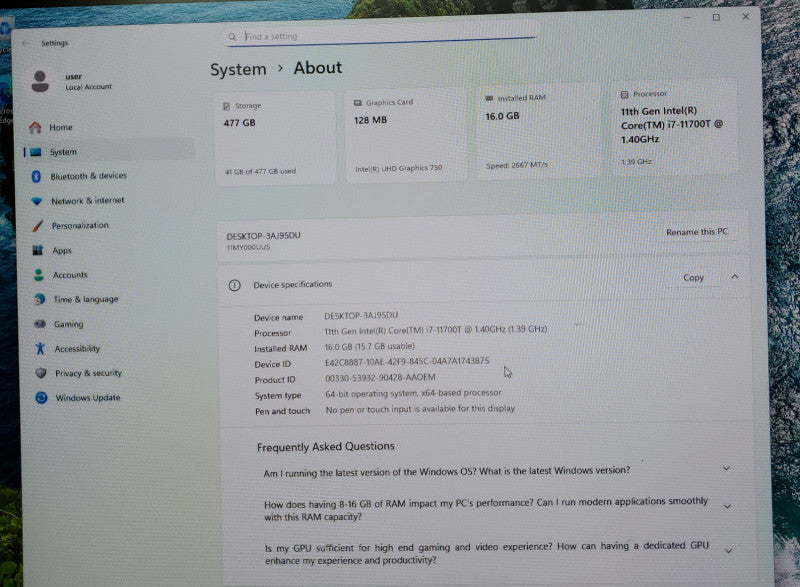 Lenovo Thinkcentre M70q G2 USFF i7-11700T@1.4GHz 16GB RAM 512GB M.2 NVMe