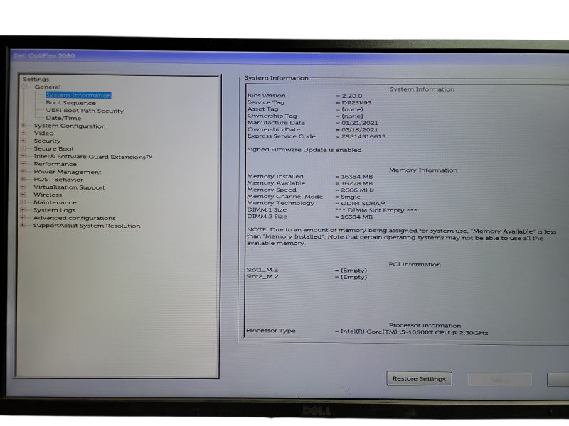 Dell OptiPlex 3080 Micro i5 - 10500T @ 2.30GHz 16GB DDR4 Ram  Qθ