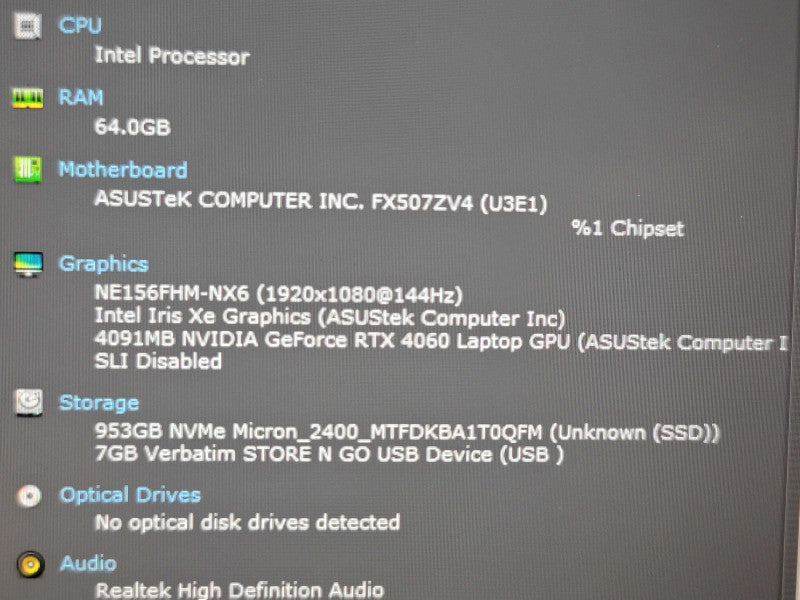 ASUS TUF GAMING Laptop FX507 i7-12700H 64GB DDR4 RTX 4060 1TB NVMe  β Lap200