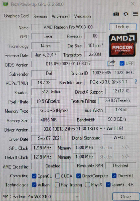 AMD Radeon PRO WX3100 4GB GDDR5 GPU - 2xMiniDP 1xDP, LP bracket _