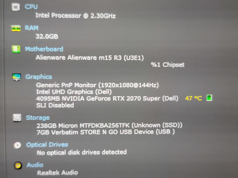Alienware M15 R3 i7-10875H 32GB DDR4 RTX 2070 Super 256GB NVMe READ ! β Lap200