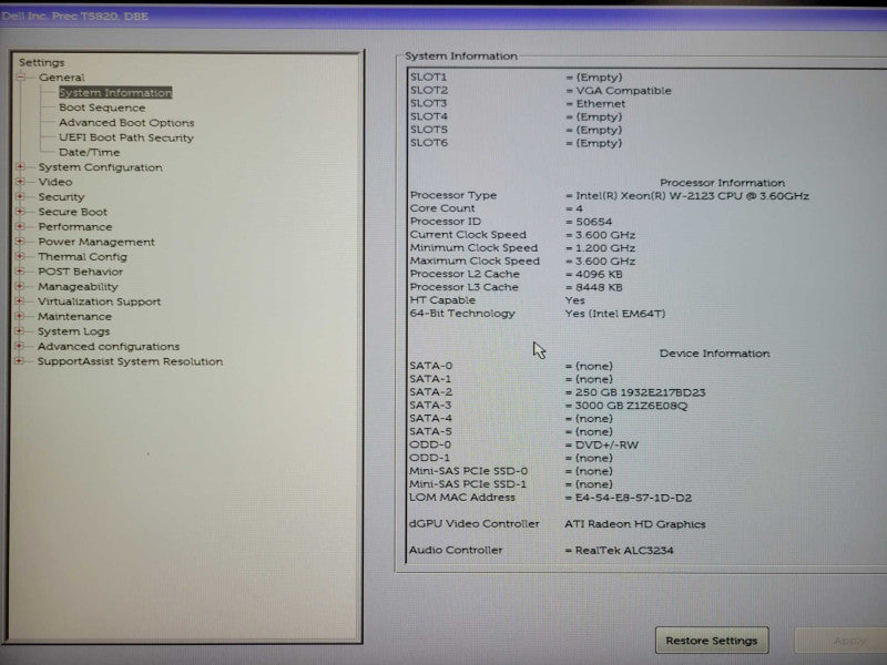 Dell T5820 Xeon W-2123 3.6GHz, 16GB RAM, AMD W5100 GPU, 250GB SSD+3TB HDD _