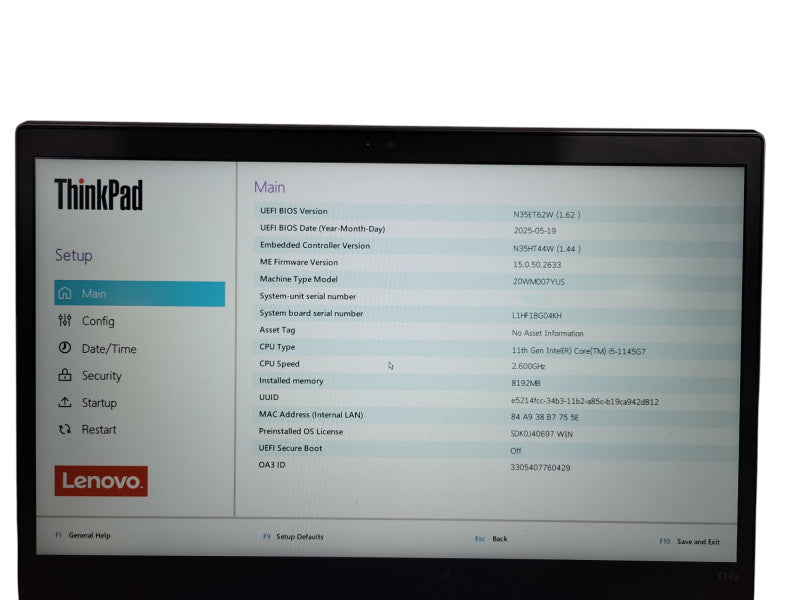 Lenovo ThinkPad T14s Gen 2 i5-1145G7 8GB DDR4 256GB SSD ! Lap200