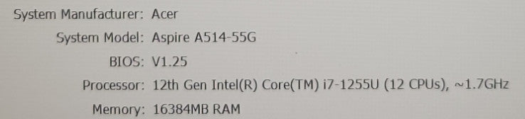 ACER ASPIRE A514-55G - i7-1255U 16GB DDR4 256GB NVMe NVIDIA GeForce MX550 % Lap200