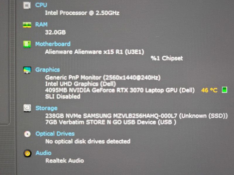 Alienware X15 R1 i9-11900H 32GB DDR4 RTX 3070 256GB NVMe  β Lap200