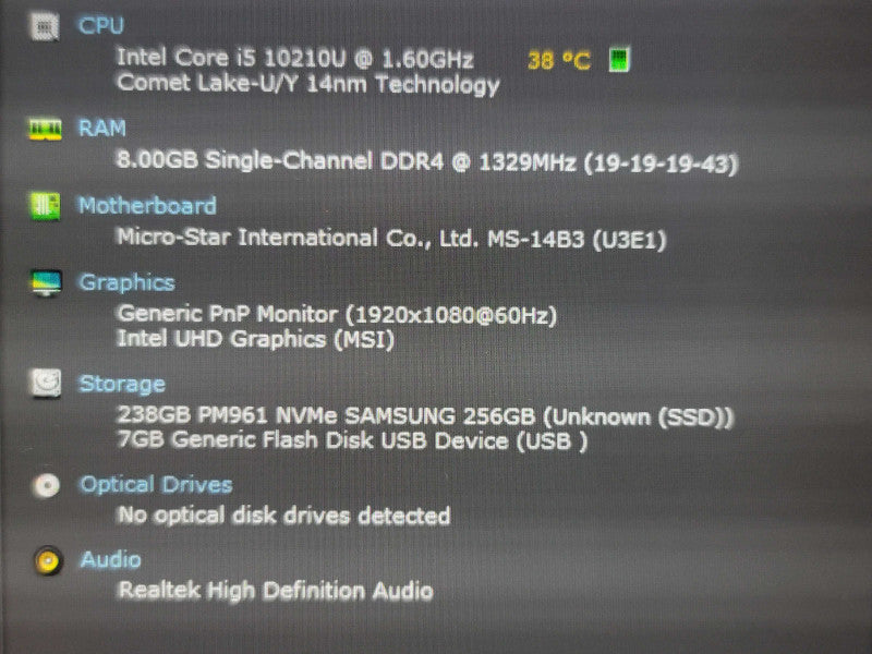 MSI Modern 14A10M i5-10210U 8GB RAM 256GB NVMe No adapter  β Lap200