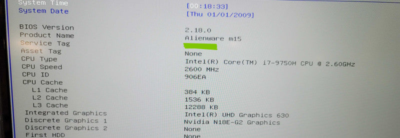 Alienware M15 i7-9750H 32GB DDR4 RTX 2070 Max Q NO SSD FOR PARTS/REPAIR  β Lap200