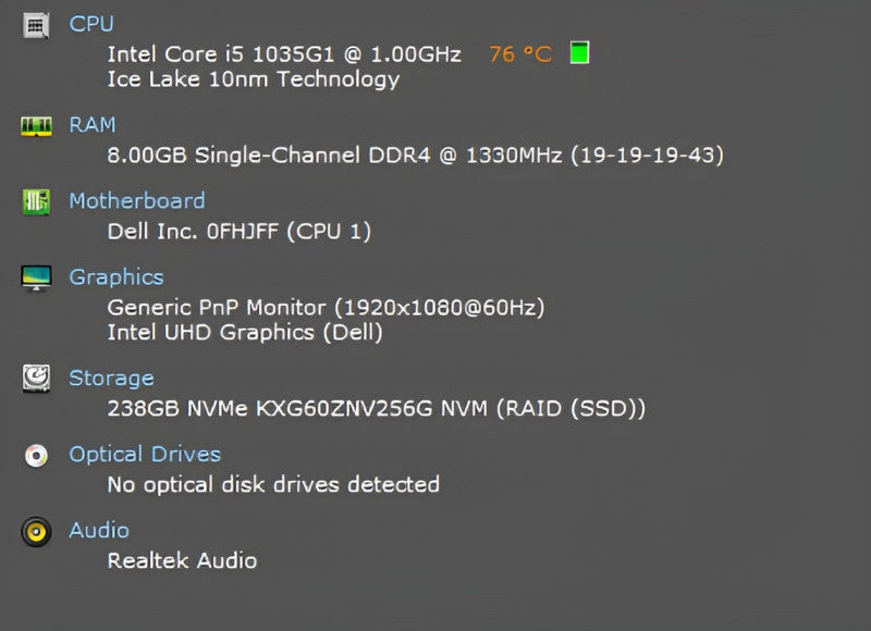 Dell Inspiron 5593, i5-1035G1 1.00GHz, 8GB DDR4, 256GB NVMe, No PWR  Lap200