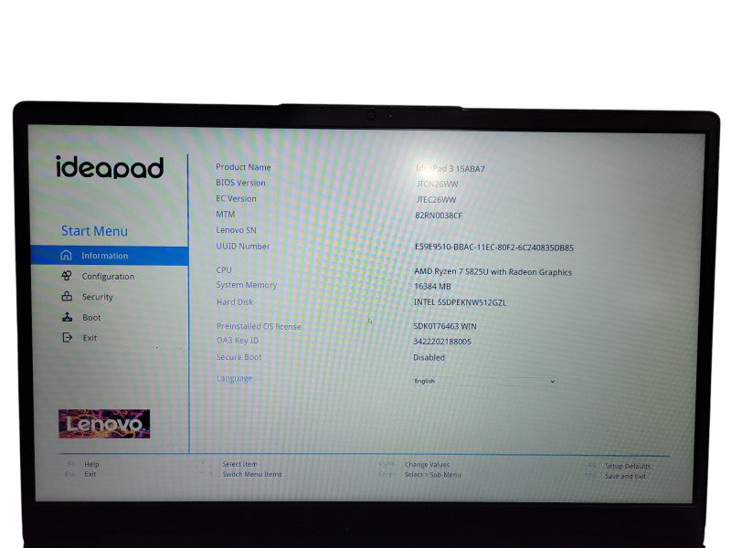 Lenovo Ideapad 3 15ABA7 - Ryzen 7 5825U 16GB DDR4 256GB SSD READ ! Lap200