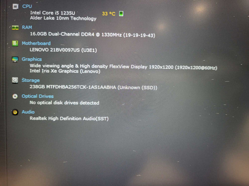 Lenovo T16 Gen 1 Core i5-1235U 16GB RAM 256GB SSD w/ AC $ Lap200