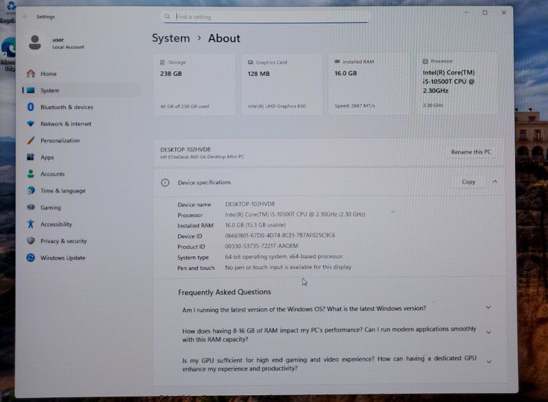 HP EliteDesk 800 G6 Mini Core i5-10500T 2.3GHz 16GB 256GB M.2 NVMe SSD