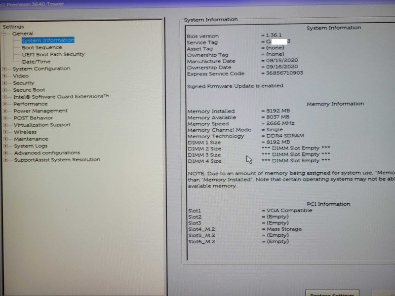 DELL PRECISION 3640 TOWER, CORE I5-10500 3.10, 8GB DDR4, 256GB Nvme, No PSU _