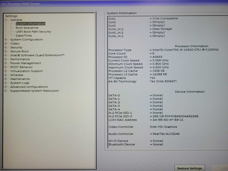 DELL PRECISION 3640 TOWER, CORE I5-10500 3.10, 8GB DDR4, 256GB Nvme, No PSU _
