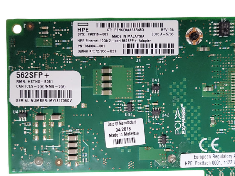 HPE 562SFP+ Dual-Port 10GbE SFP PCIe X8 Network Adapter P/N: 790316-001 _