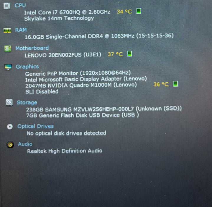 Lenovo ThinkPad P50 i7-6700HQ@2.6GHz QUADRO M1000M 2GB GPU 16GB RAM 256SSD  Lap200