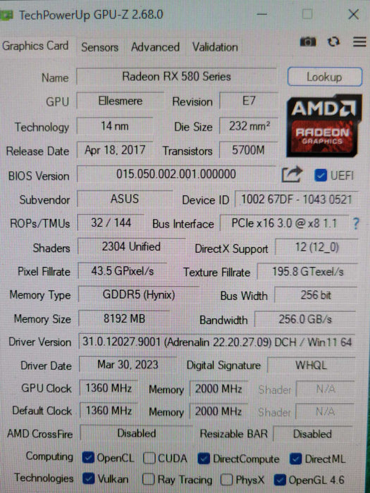 ASUS AMD Radeon RX580 8GB GDDR5 Graphics Card (DUAL-RX580-O8G) _