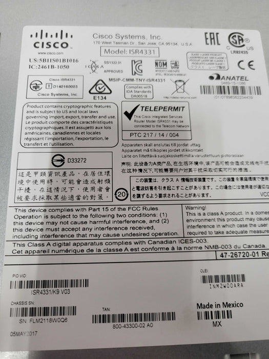 Open-Box Cisco ISR4331/K9 ISR 4331 Integrated Router w/ SM-X-ES3-16-P Modul _