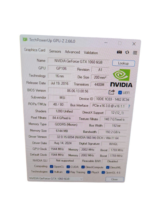 MSI NVIDIA GEFORCE GTX 1060 6GB PCIE %