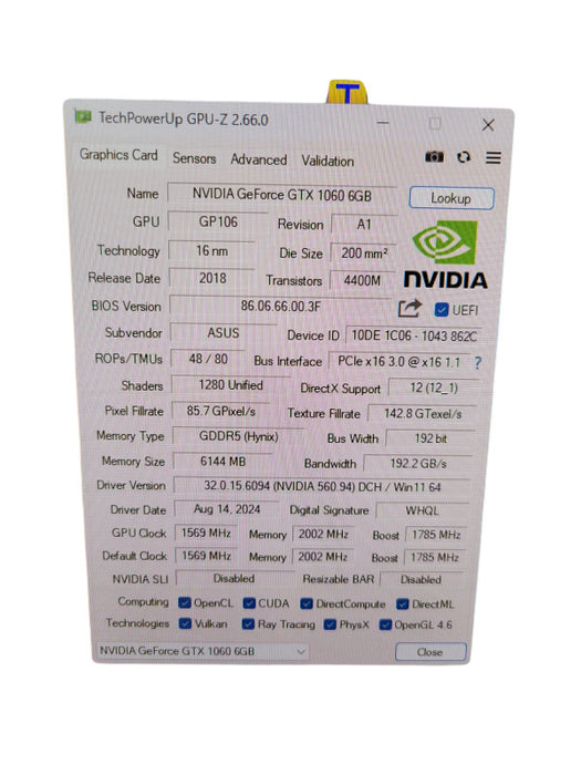 ASUS NVIDIA GEFORCE GTX 1060 6GB PCIE %
